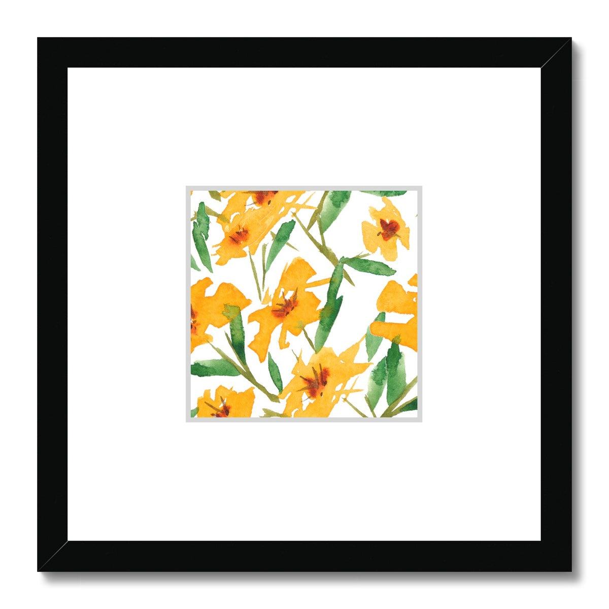 Framed Fine Art Print, Faux Mat - 12x12 inches | Yellow-Orange Floral Watercolor, fms-1310-003