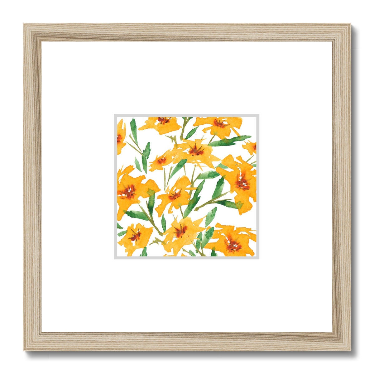 Framed Fine Art Print, Faux Mat - 12x12 inches | Yellow-Orange Floral Watercolor, fms-1310-001