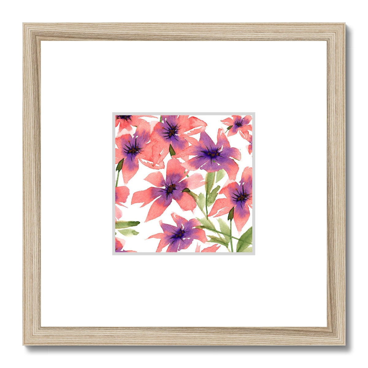 Framed Fine Art Print, Faux Mat - 12x12 inches | Pink Floral Watercolor, fms-1340-002