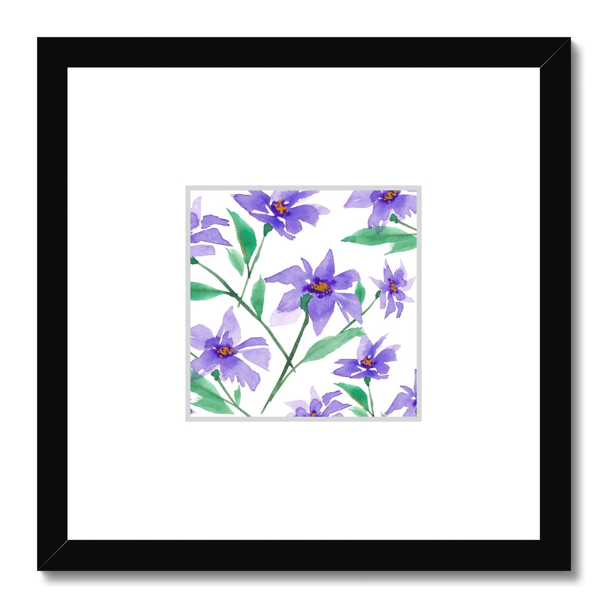 Framed Fine Art Print, Faux Mat - 12x12 inches | Purple Floral Watercolor, fms-1350-002