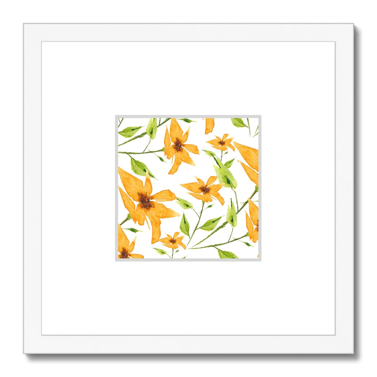 Framed Fine Art Print, Faux Mat - 12x12 inches | Yellow-Orange Floral Watercolor, fms-1390-002