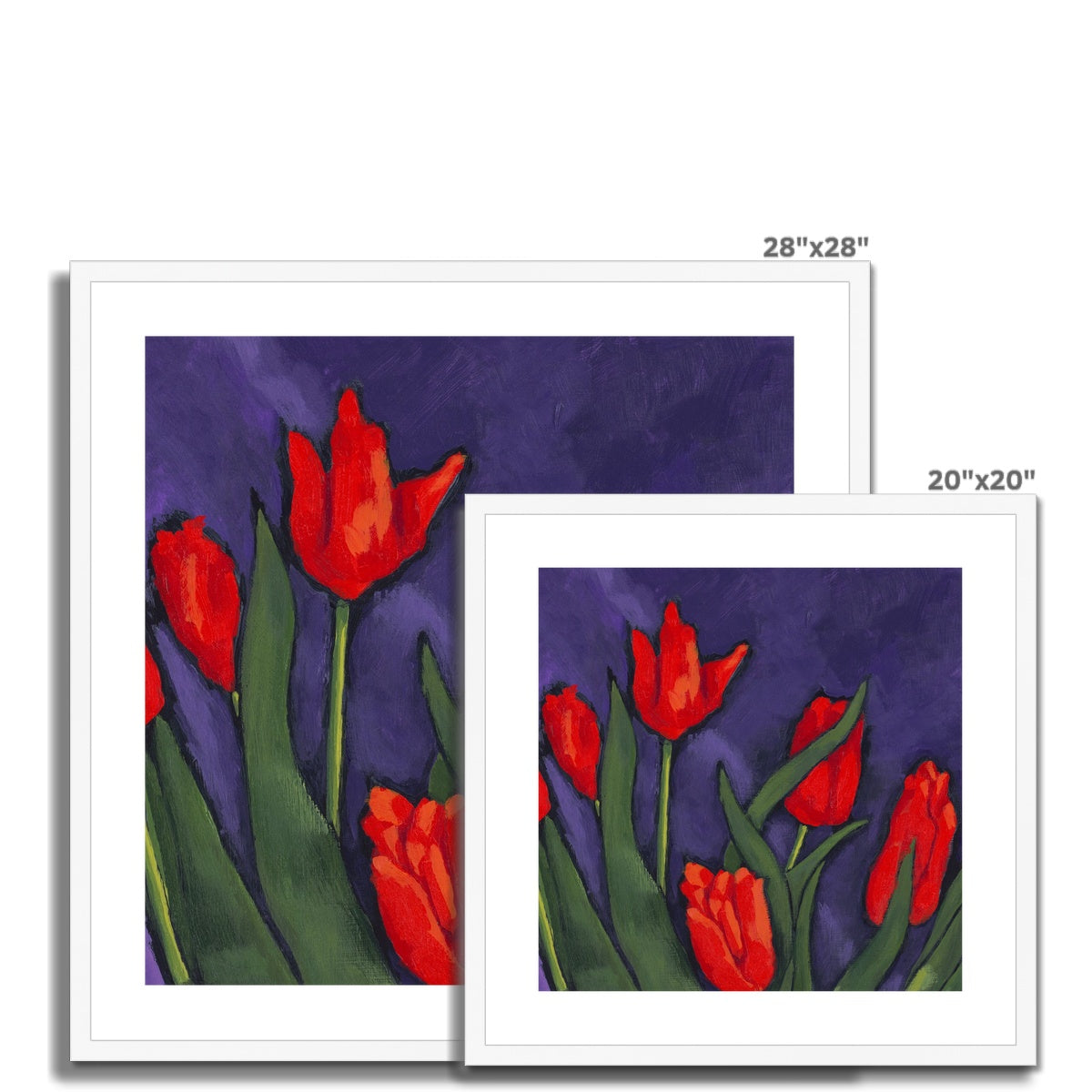 Framed Fine Art Print, White Mat - 8x8 12x12 16x16 20x20 24x24 28x28 inches | Red Tulips in Acrylic, FPS-1111