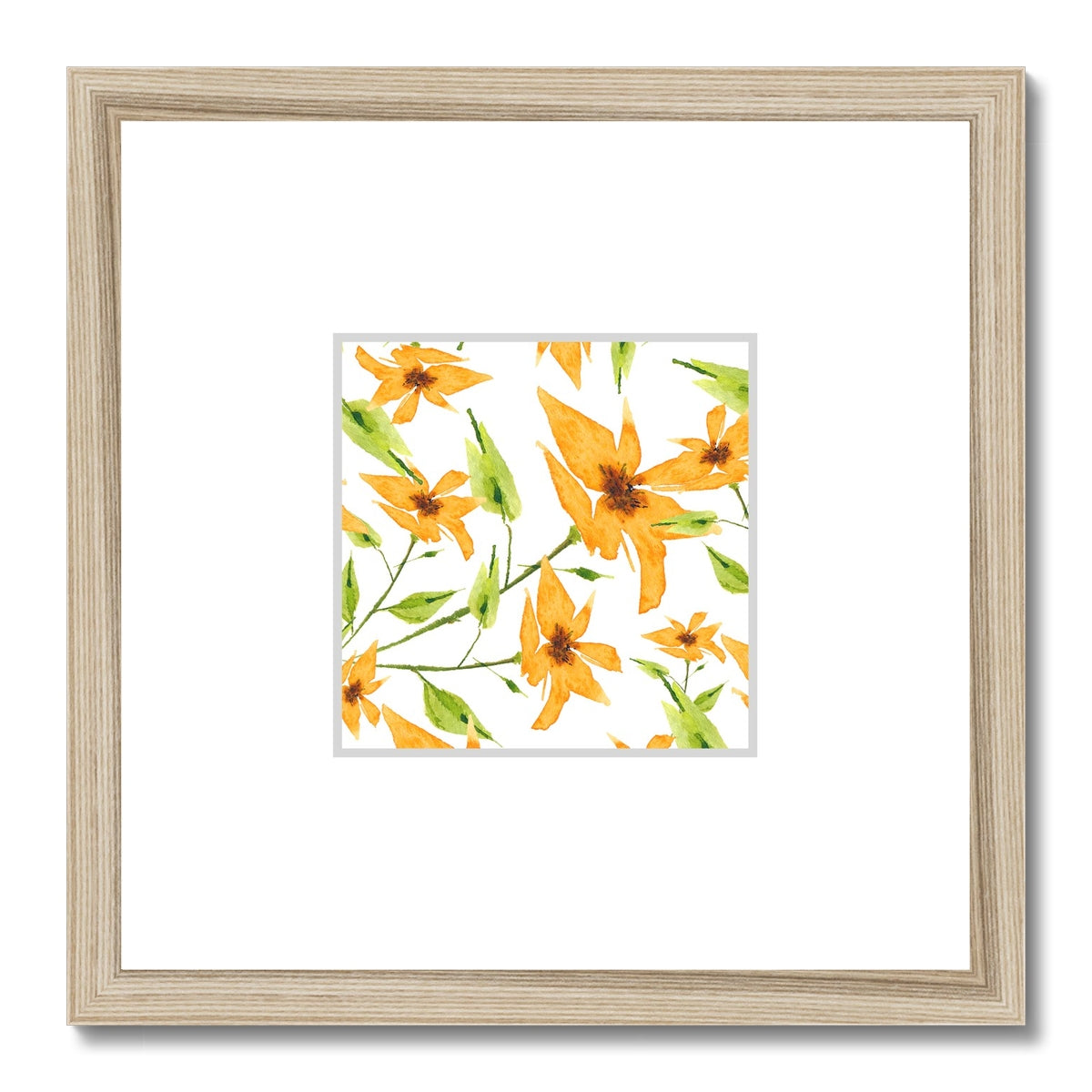 Framed Fine Art Print, Faux Mat - 12x12 inches | Yellow-Orange Floral Watercolor, fms-1390-001