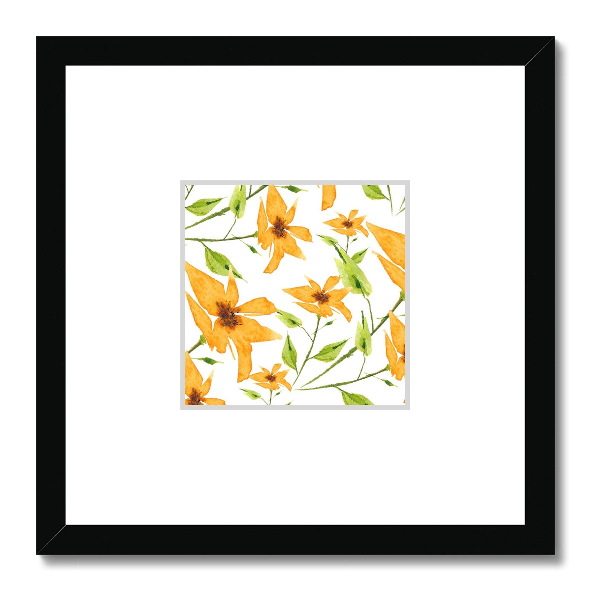 Framed Fine Art Print, Faux Mat - 12x12 inches | Yellow-Orange Floral Watercolor, fms-1390-002