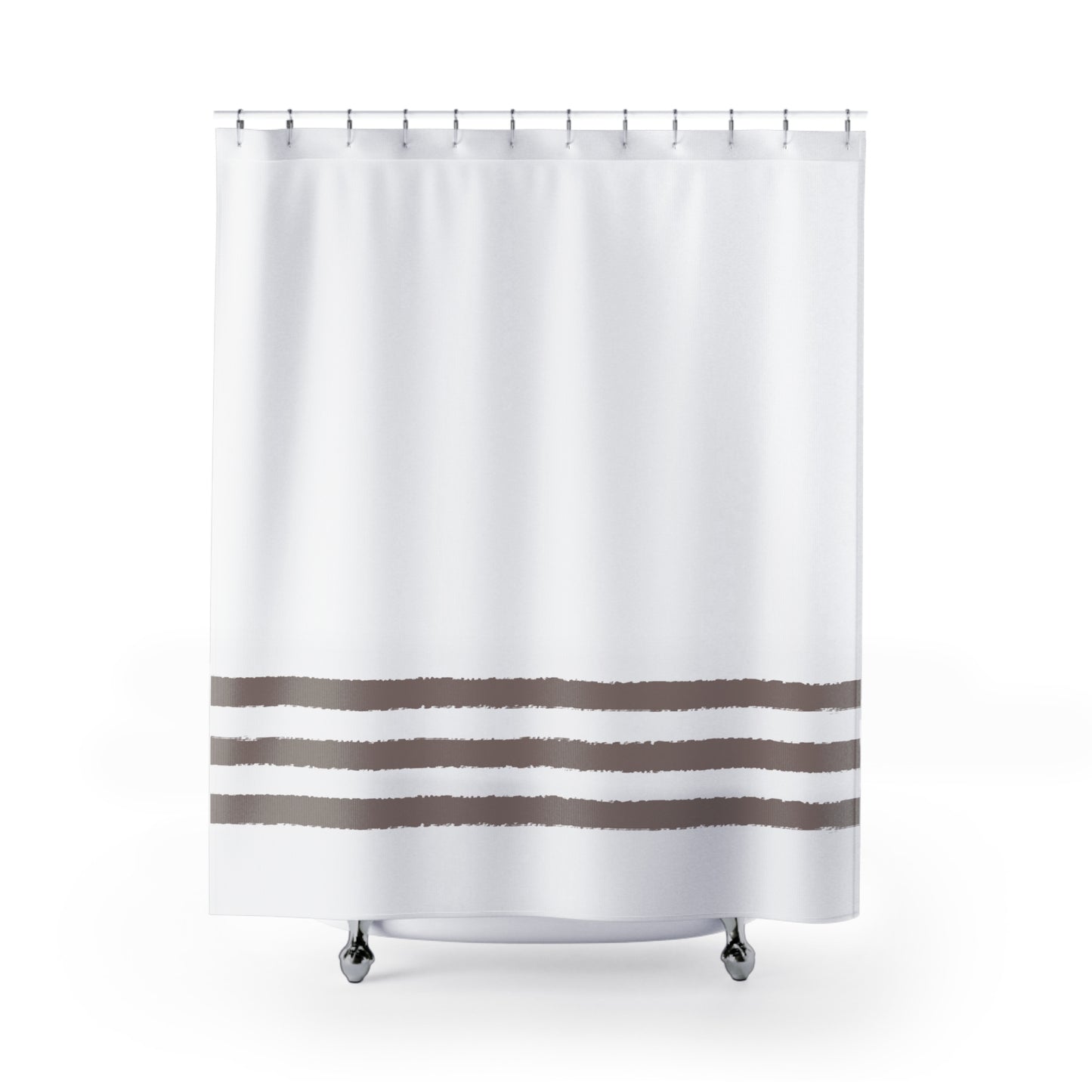White Shower Curtain with Medium Brown Hand-painted Stripe Print | SC-1222-467