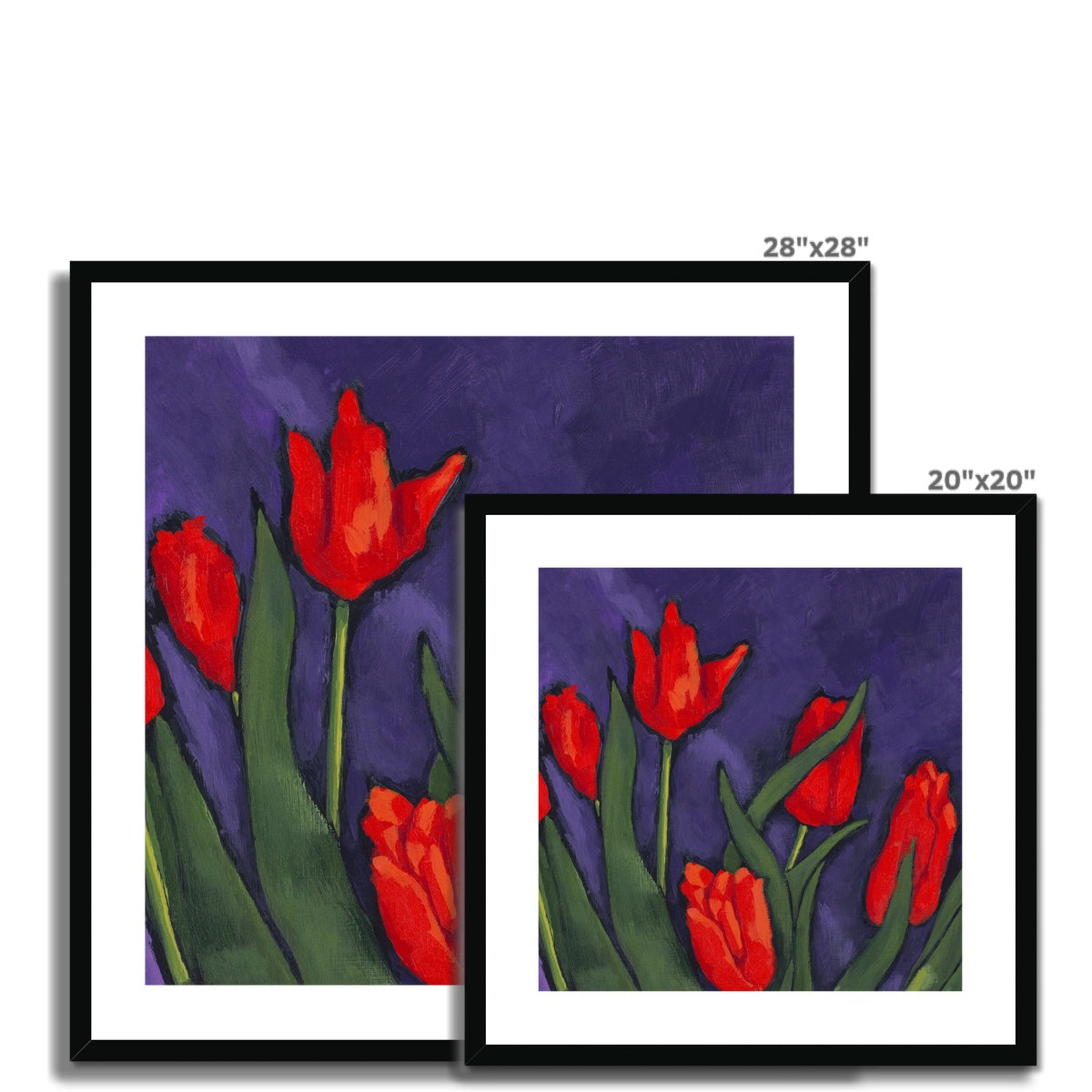 Framed Fine Art Print, White Mat - 8x8 12x12 16x16 20x20 24x24 28x28 inches | Red Tulips in Acrylic, FPS-1111