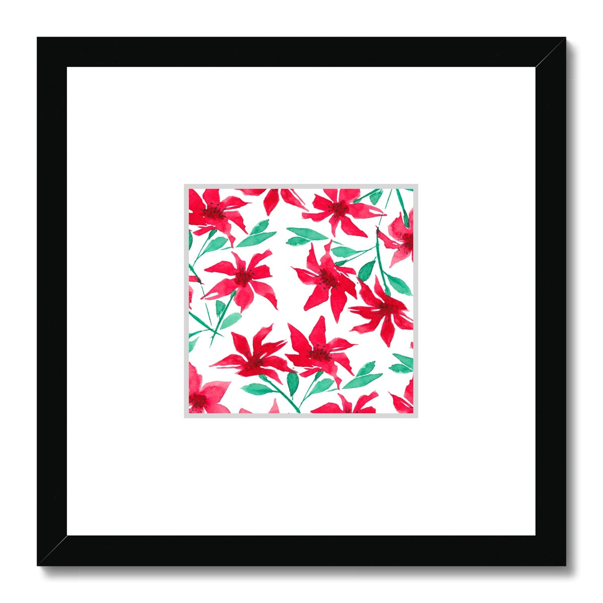 Framed Fine Art Print, Faux Mat - 12x12 inches | Red Floral Watercolor, fms-1330-003