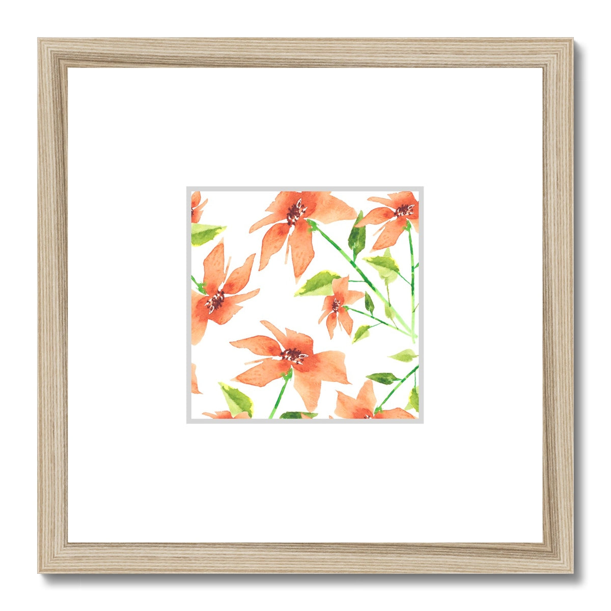 Framed Fine Art Print, Faux Mat - 12x12 inches | Pale Orange Floral Watercolor, fms-1380-002
