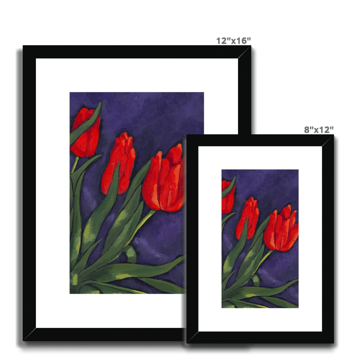 Framed Fine Art Print, White Mat - 8x12 12x16 12x18 inches | Red Tulips in Acrylic, FPV-1111-003