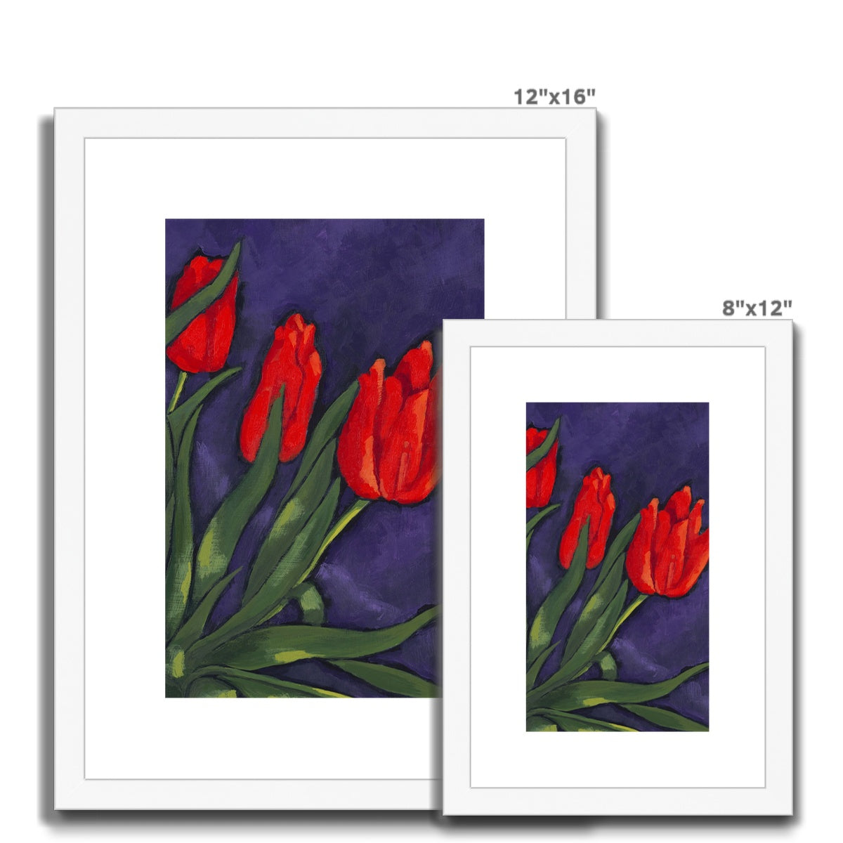 Framed Fine Art Print, White Mat - 8x12 12x16 12x18 inches | Red Tulips in Acrylic, FPV-1111-003