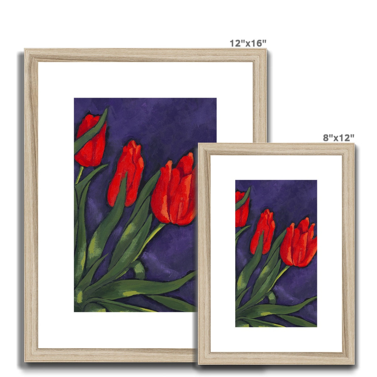Framed Fine Art Print, White Mat - 8x12 12x16 12x18 inches | Red Tulips in Acrylic, FPV-1111-003