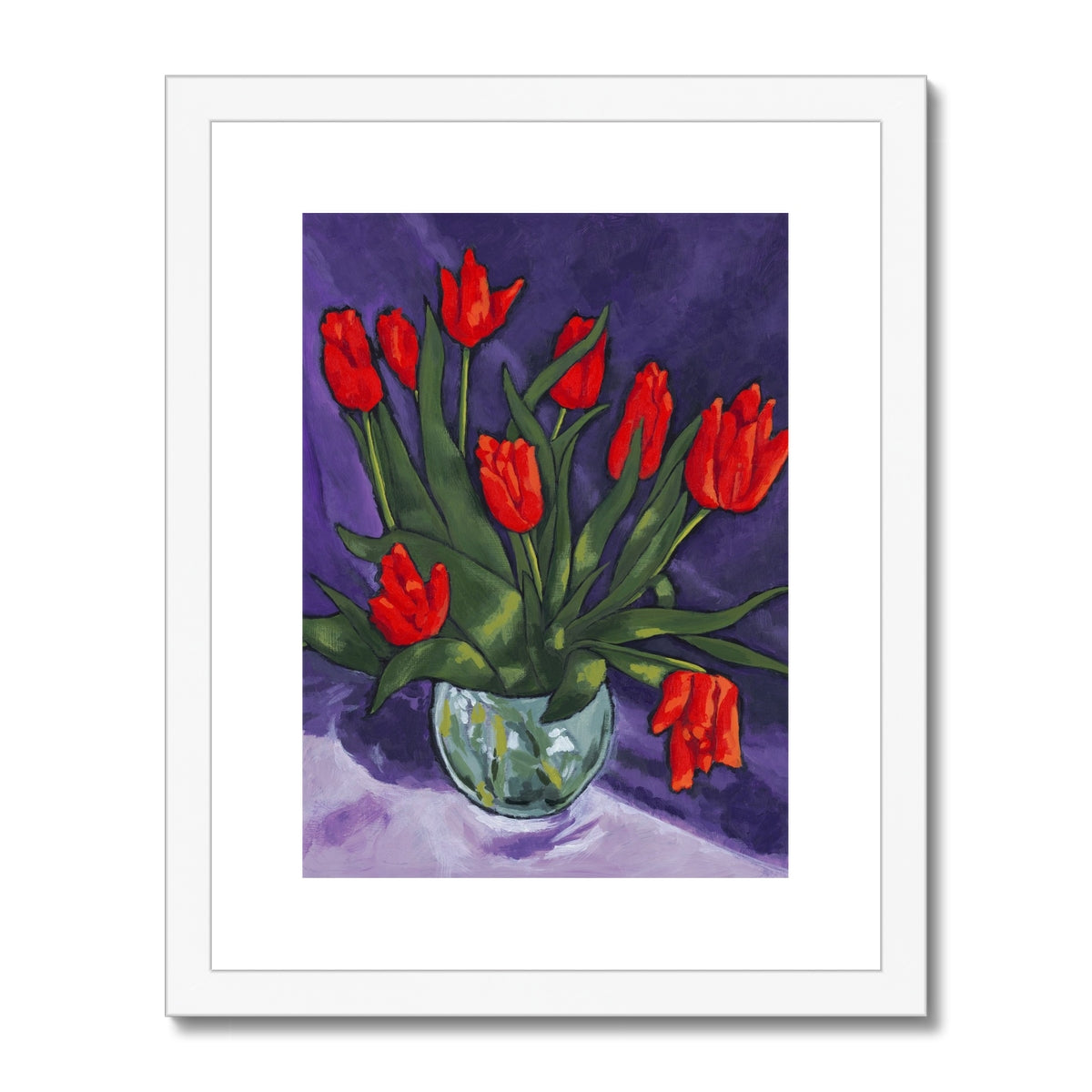 Framed Fine Art Print, White Mat - 11x14 inches | Red Tulips in Acrylic, FPV-1111-001