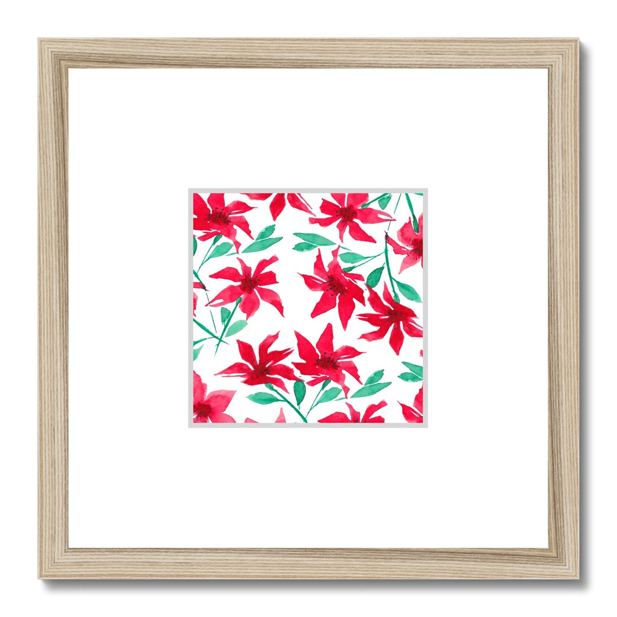 Framed Fine Art Print, Faux Mat - 12x12 inches | Red Floral Watercolor, fms-1330-003