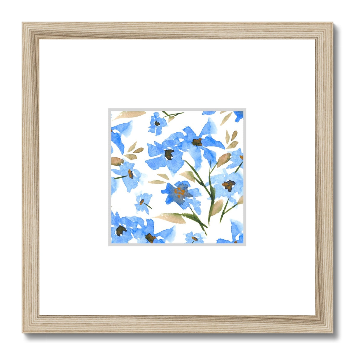 Framed Fine Art Print, Faux Mat - 12x12 inches | Blue Floral Watercolor, fms-1400-001