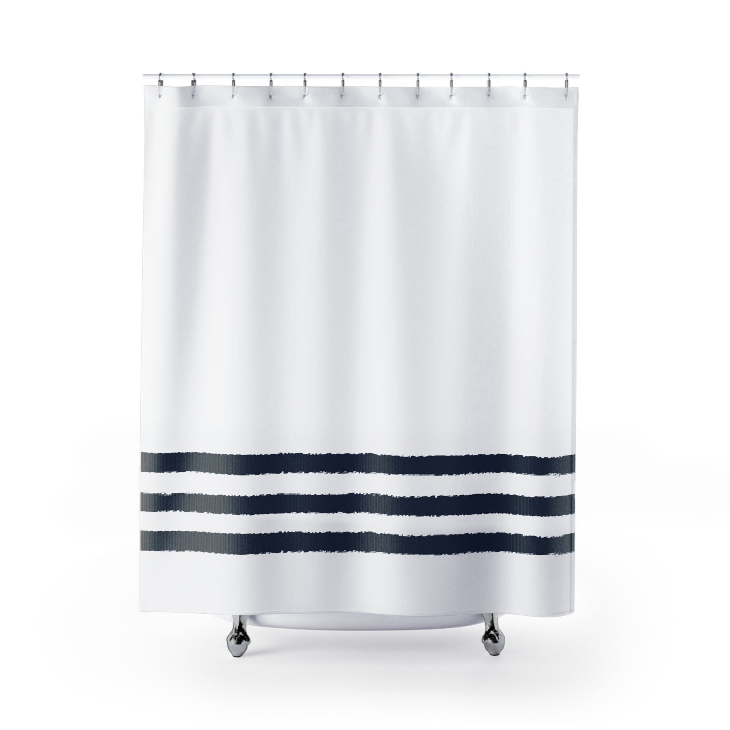 White Shower Curtain with Navy Blue Hand-painted Stripe Print | SC-1271