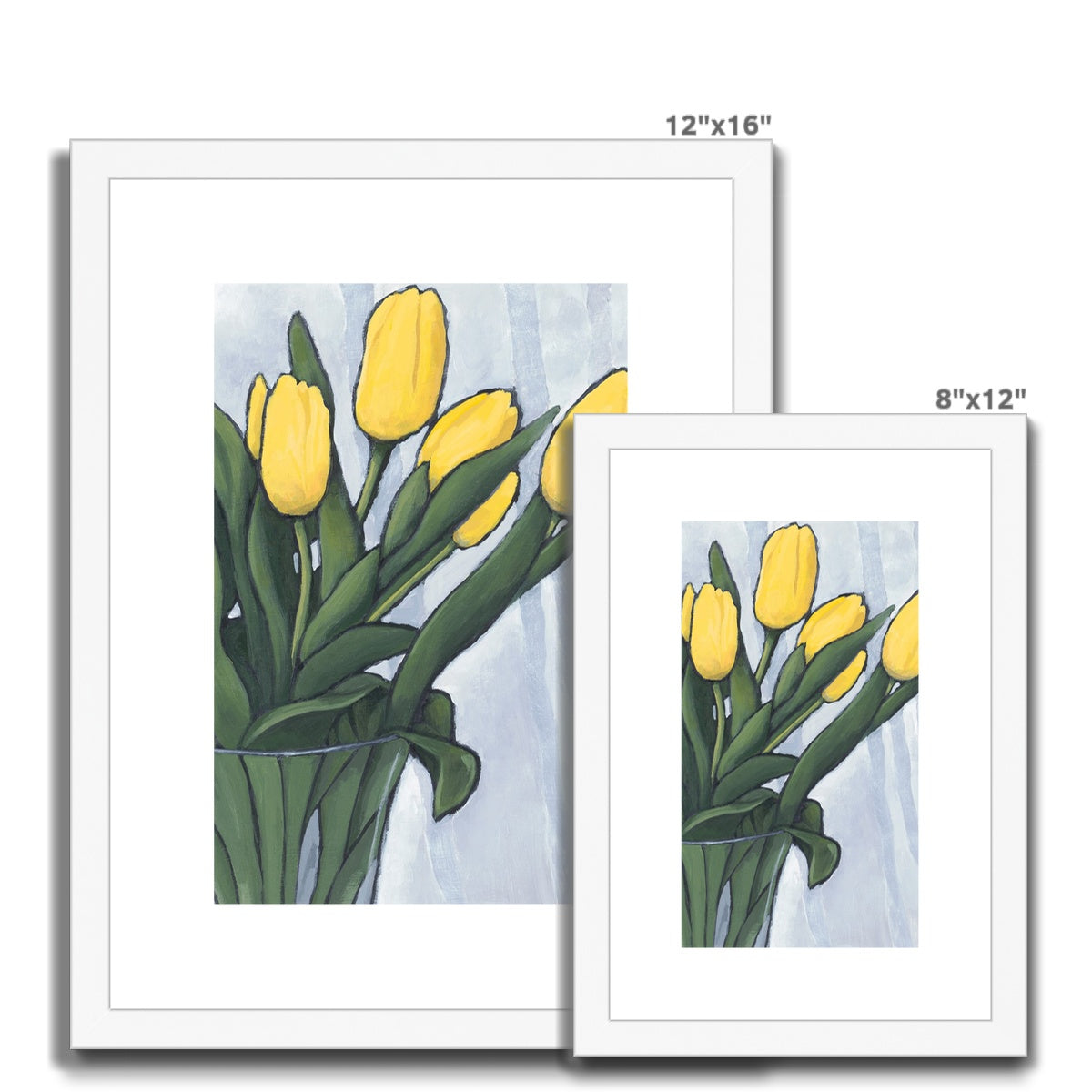 Framed Fine Art Print, White Mat - 8x12 12x16 12x18 inches | Yellow Tulips in Acrylic, FPV-1120-004