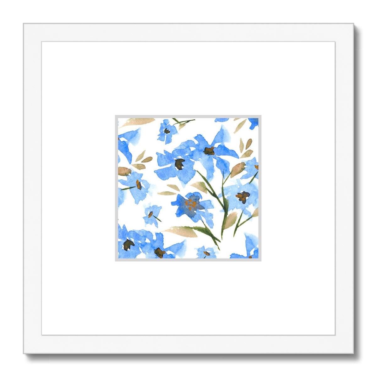Framed Fine Art Print, Faux Mat - 12x12 inches | Blue Floral Watercolor, fms-1400-001