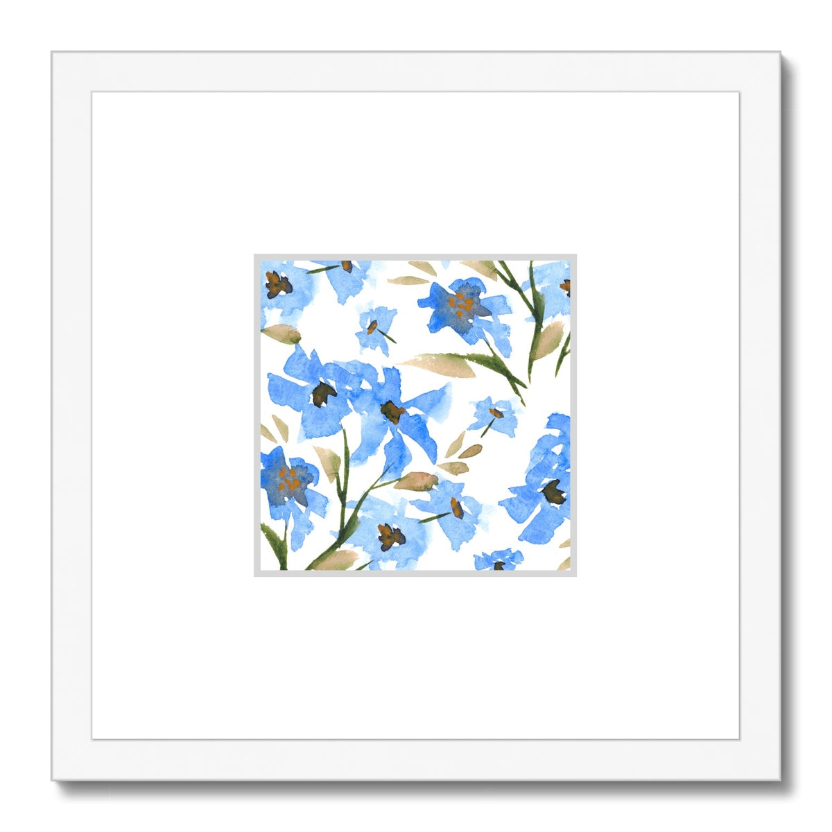 Framed Fine Art Print, Faux Mat - 12x12 inches | Blue Floral Watercolor, fms-1400-002
