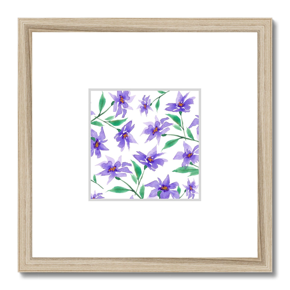 Framed Fine Art Print, Faux Mat - 12x12 inches | Purple Floral Watercolor, fms-1350-003