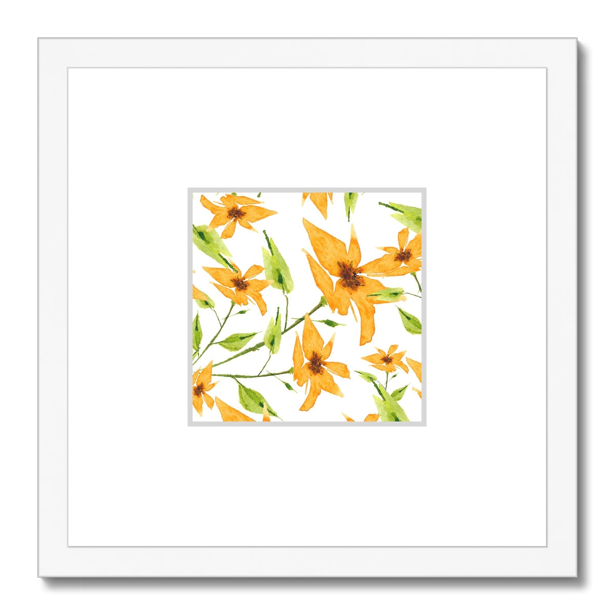 Framed Fine Art Print, Faux Mat - 12x12 inches | Yellow-Orange Floral Watercolor, fms-1390-001