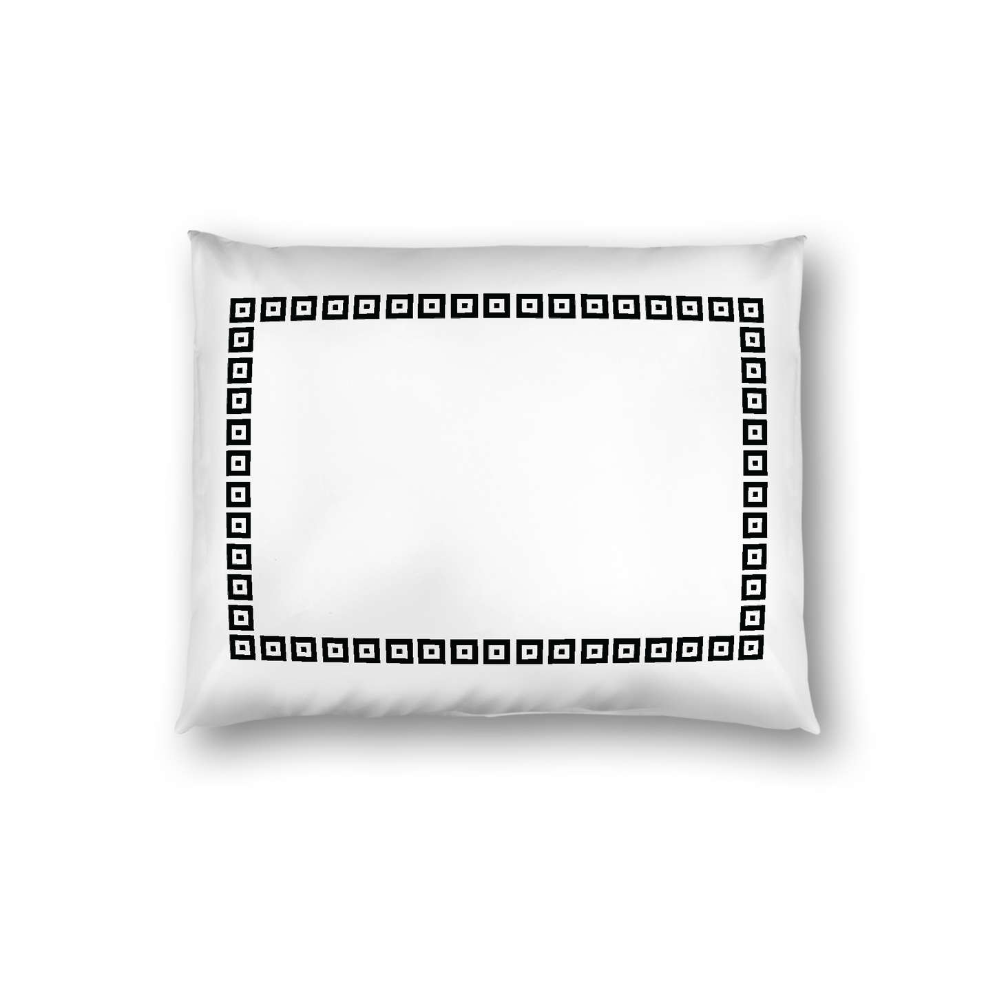 Off-White Cotton Sateen Pillow Sham, Black Repeating Square Motif Print, Classic Border, White Reverse Side, Standard - 20 x 26 inches
