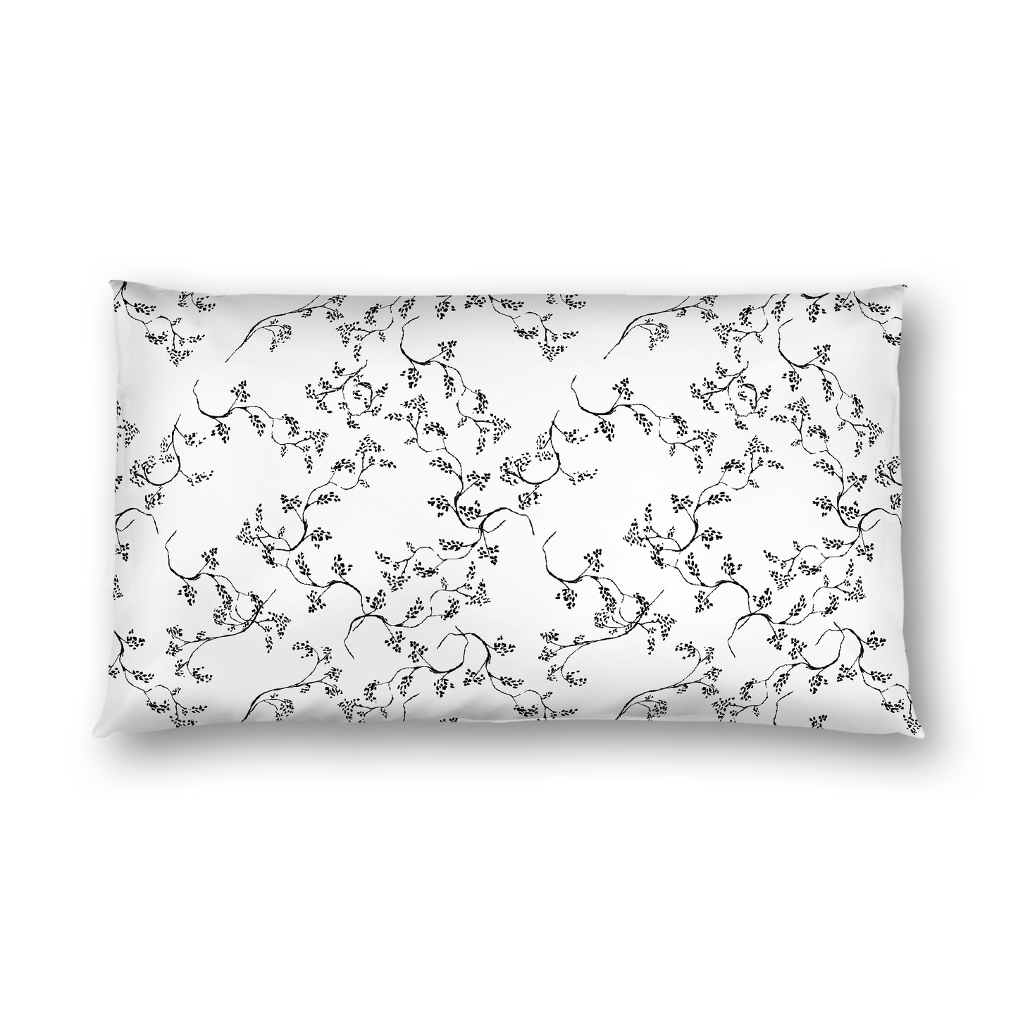 Off-White Cotton Sateen Pillow Sham, Black Hand-painted Vine Print, White Reverse Side, King - 20 x 36 inches