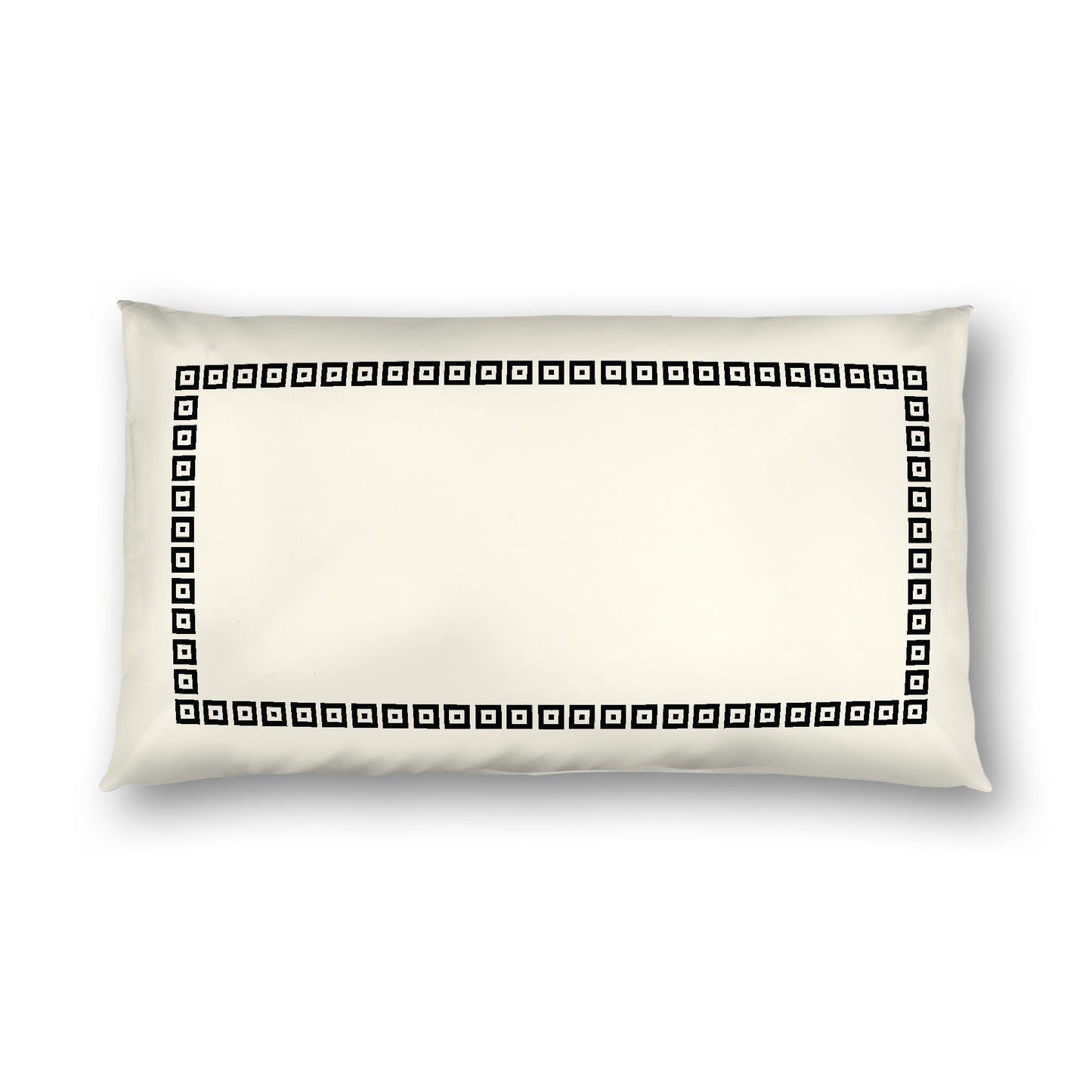 Pale Cream Cotton Sateen Pillow Sham, Black Repeating Square Motif Print, Classic Border, White Reverse Side, King - 20 x 36 inches