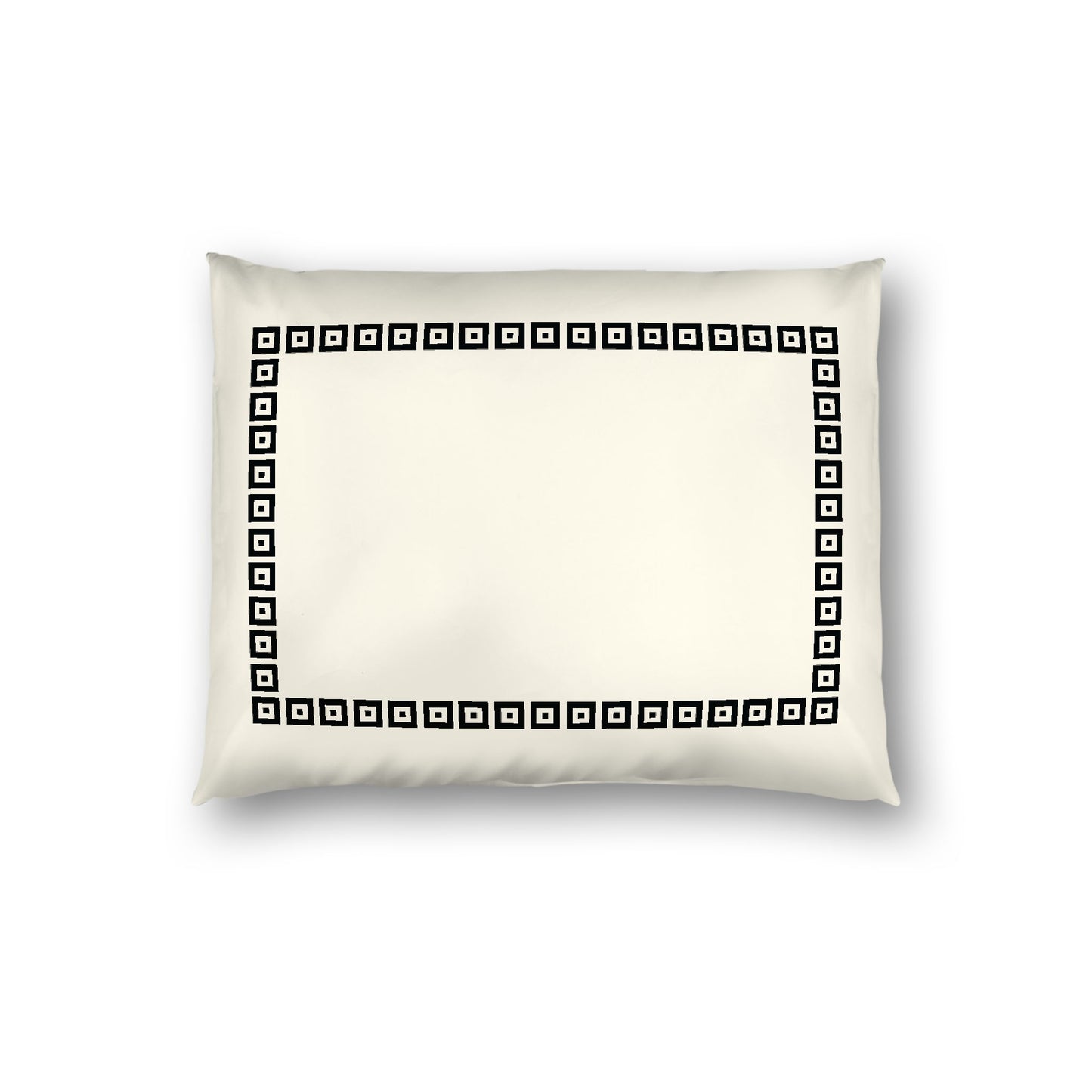 Pale Cream Cotton Sateen Pillow Sham, Black Repeating Square Motif Print, Classic Border, White Reverse Side, Standard - 20 x 26 inches