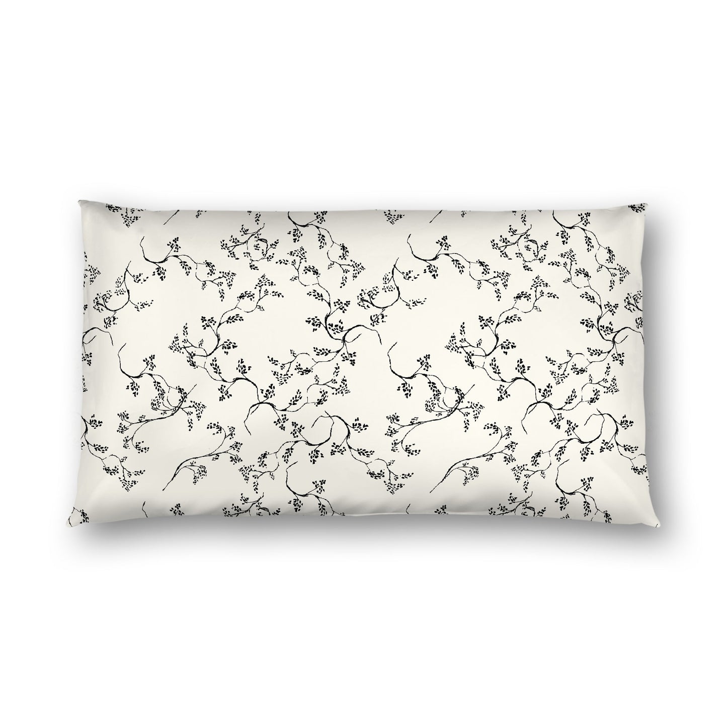 Pale Cream Cotton Sateen Pillow Sham, Black Hand-painted Vine Print, White Reverse Side, King - 20 x 36 inches