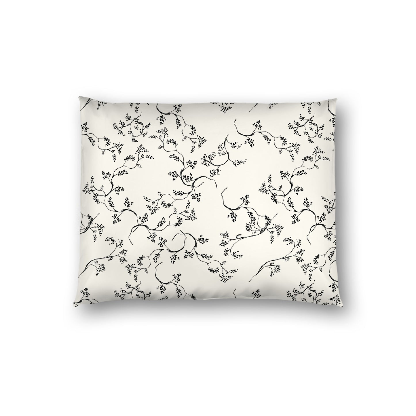 Pale Cream Cotton Sateen Pillow Sham, Black Hand-painted Vine Print, White Reverse Side, Standard - 20 x 26 inches