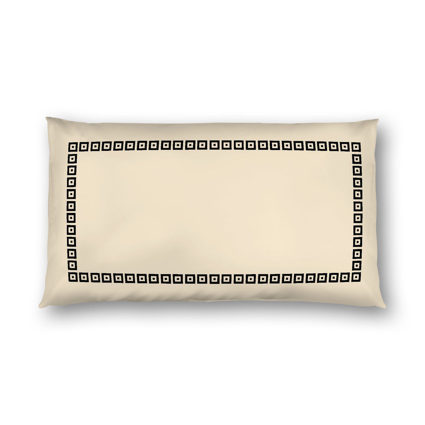 Beige Cotton Sateen Pillow Sham, Black Repeating Square Motif Print, Classic Border, White Reverse Side, King - 20 x 36 inches