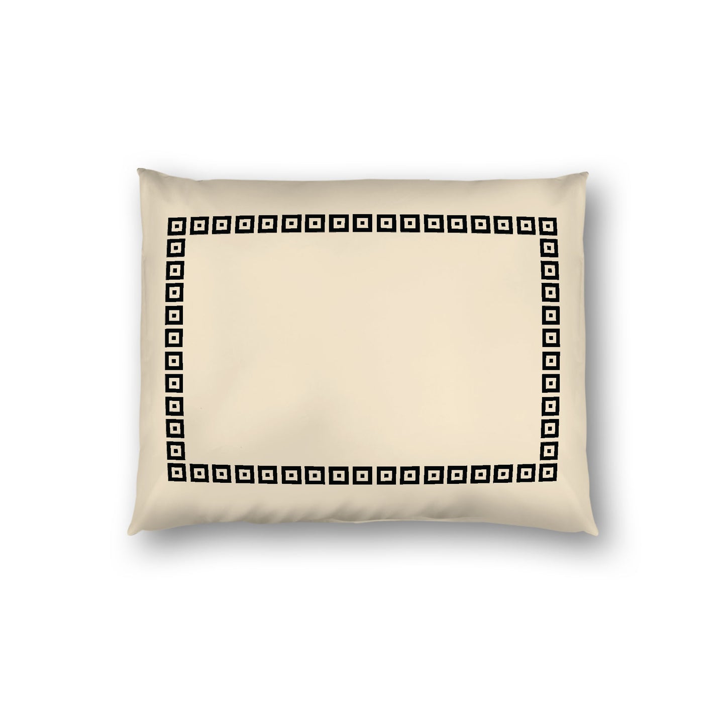 Beige Cotton Sateen Pillow Sham, Black Repeating Square Motif Print, Classic Border, White Reverse Side, Standard - 20 x 26 inches