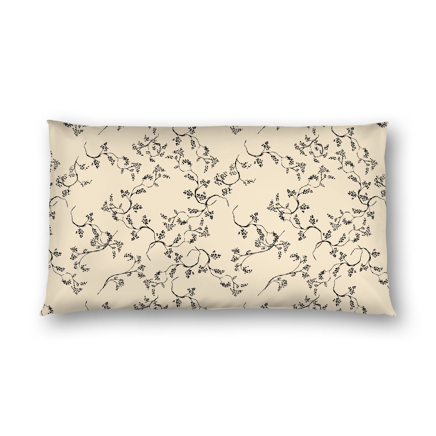 Beige Cotton Sateen Pillow Sham, Black Hand-painted Vine Print, White Reverse Side, King - 20 x 36 inches