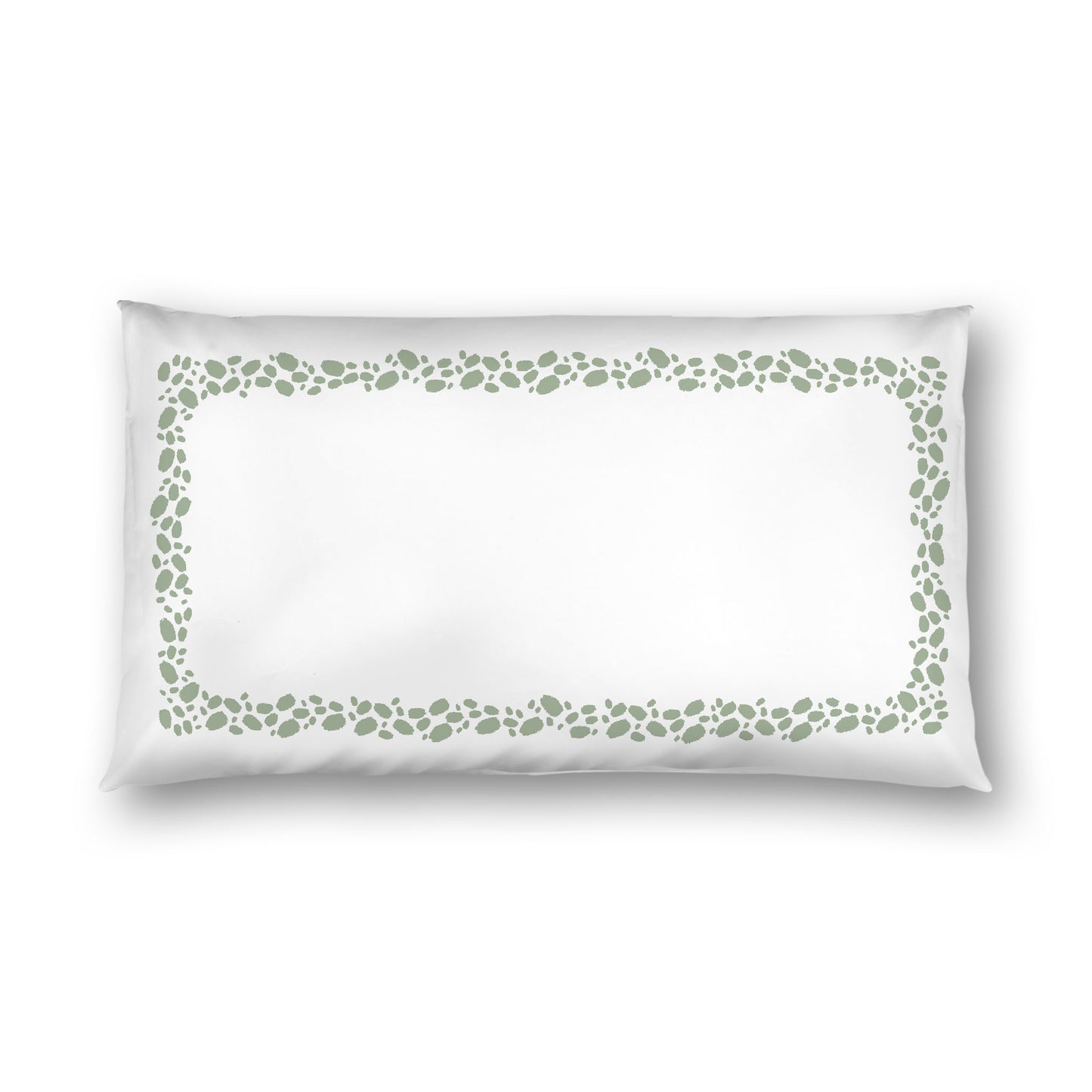 Off-white Cotton Sateen Pillow Sham, Green Hand-painted Dab Motif Print, Classic Border, White Reverse Side, King - 20 x 36 inches