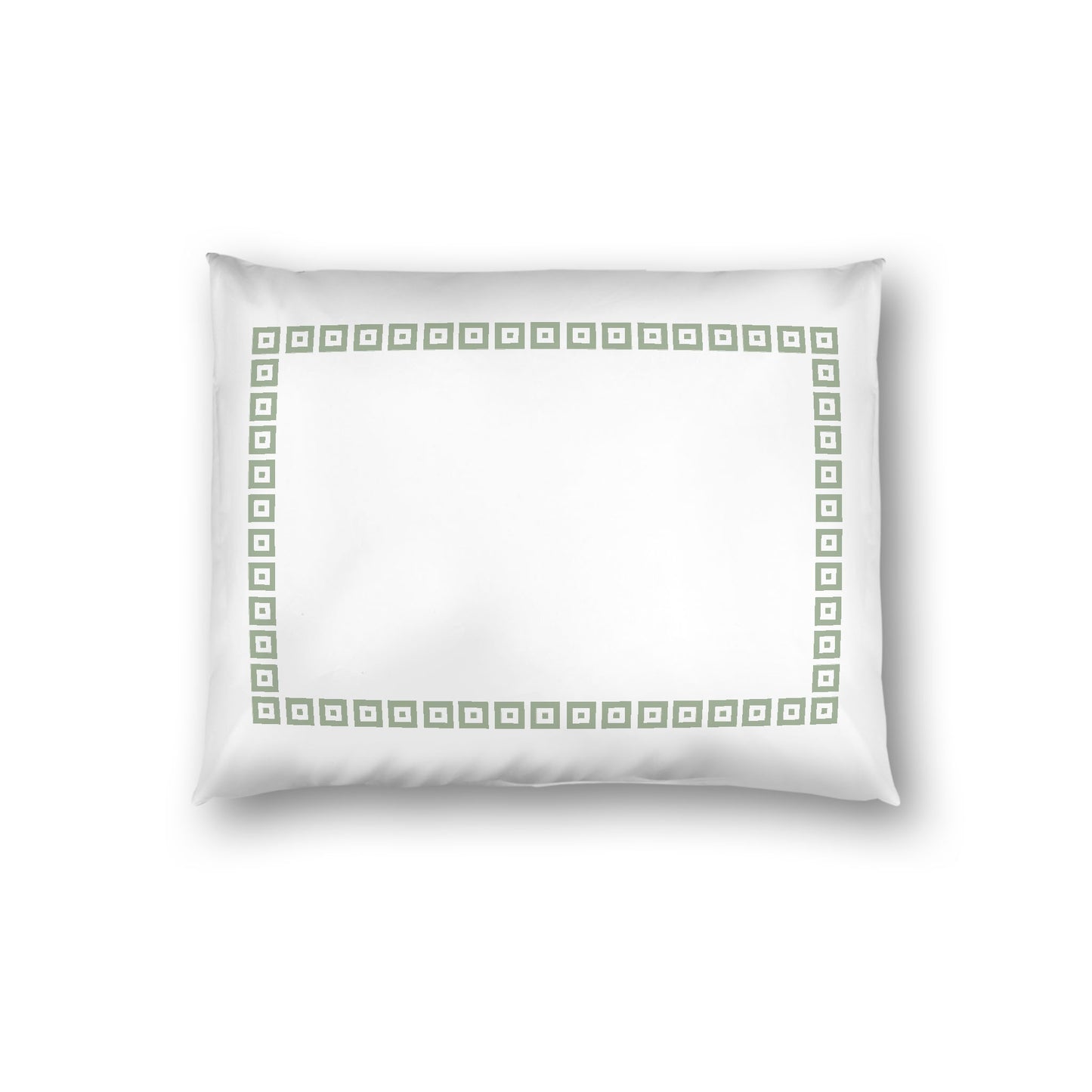 Off-white Cotton Sateen Pillow Sham, Green Repeating Square Motif Print, Classic Border, White Reverse Side, Standard - 20 x 26 inches