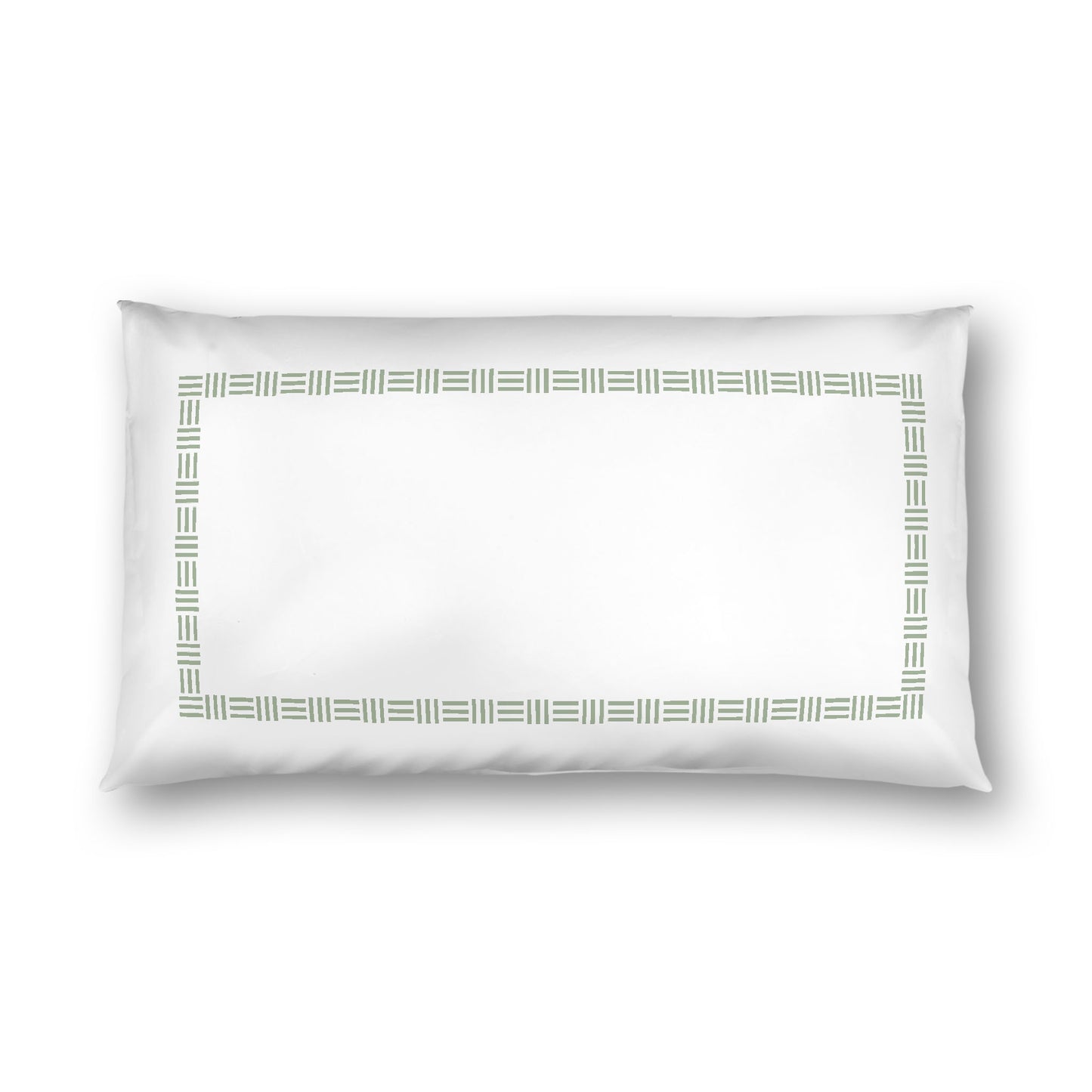 Off-white Cotton Sateen Pillow Sham, Green Single Weave Motif Print, Classic Border, White Reverse Side, King - 20 x 36 inches