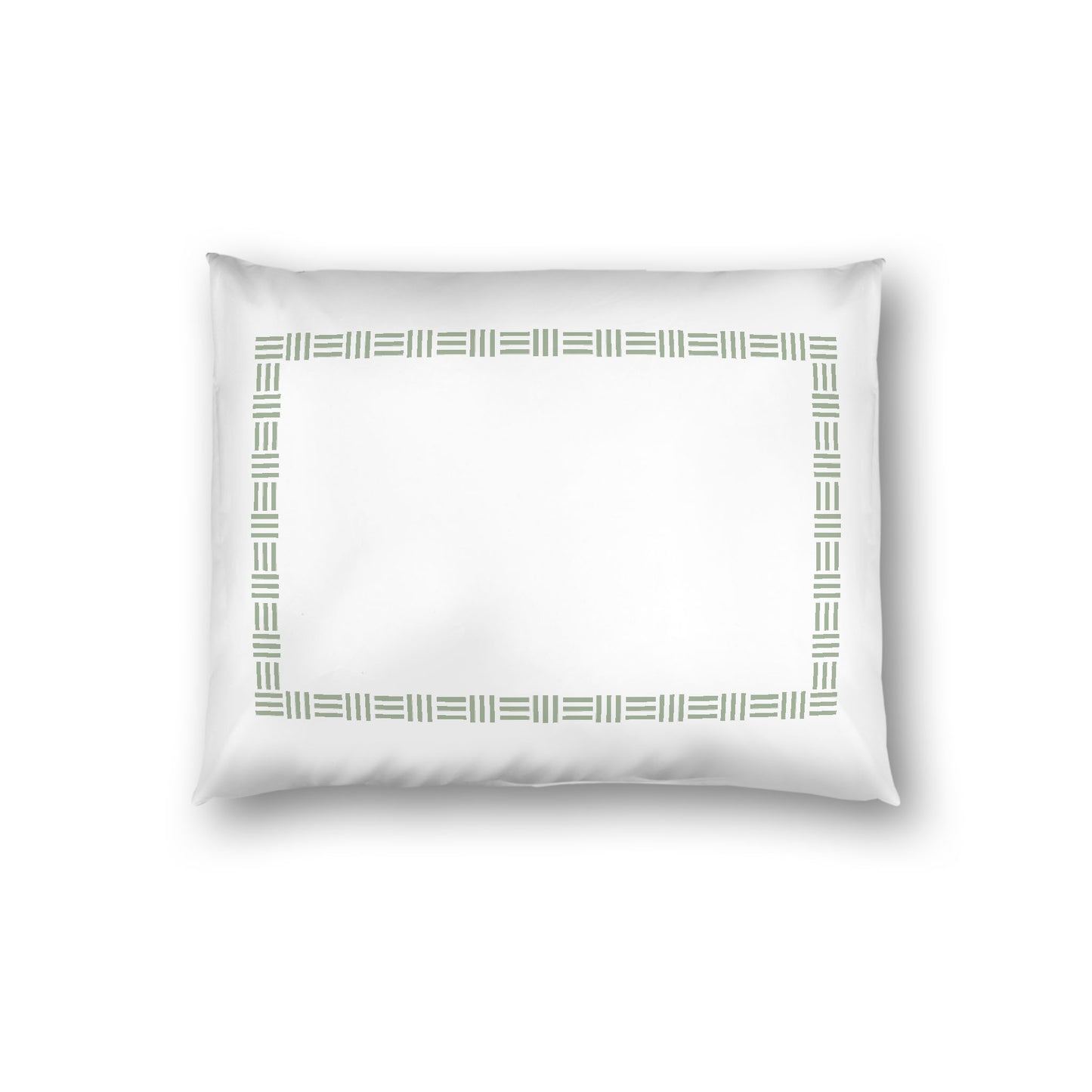 Off-white Cotton Sateen Pillow Sham, Green Single Weave Motif Print, Classic Border, White Reverse Side, Standard - 20 x 26 inches