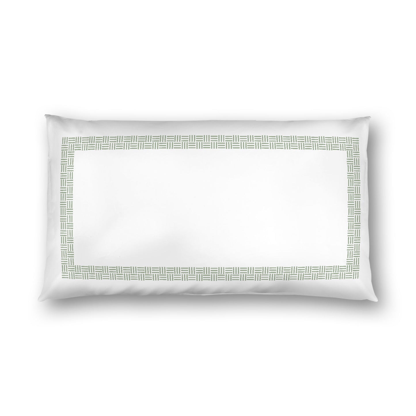 Off-white Cotton Sateen Pillow Sham, Green Double Weave Motif Print, Classic Border, White Reverse Side, King - 20 x 36 inches