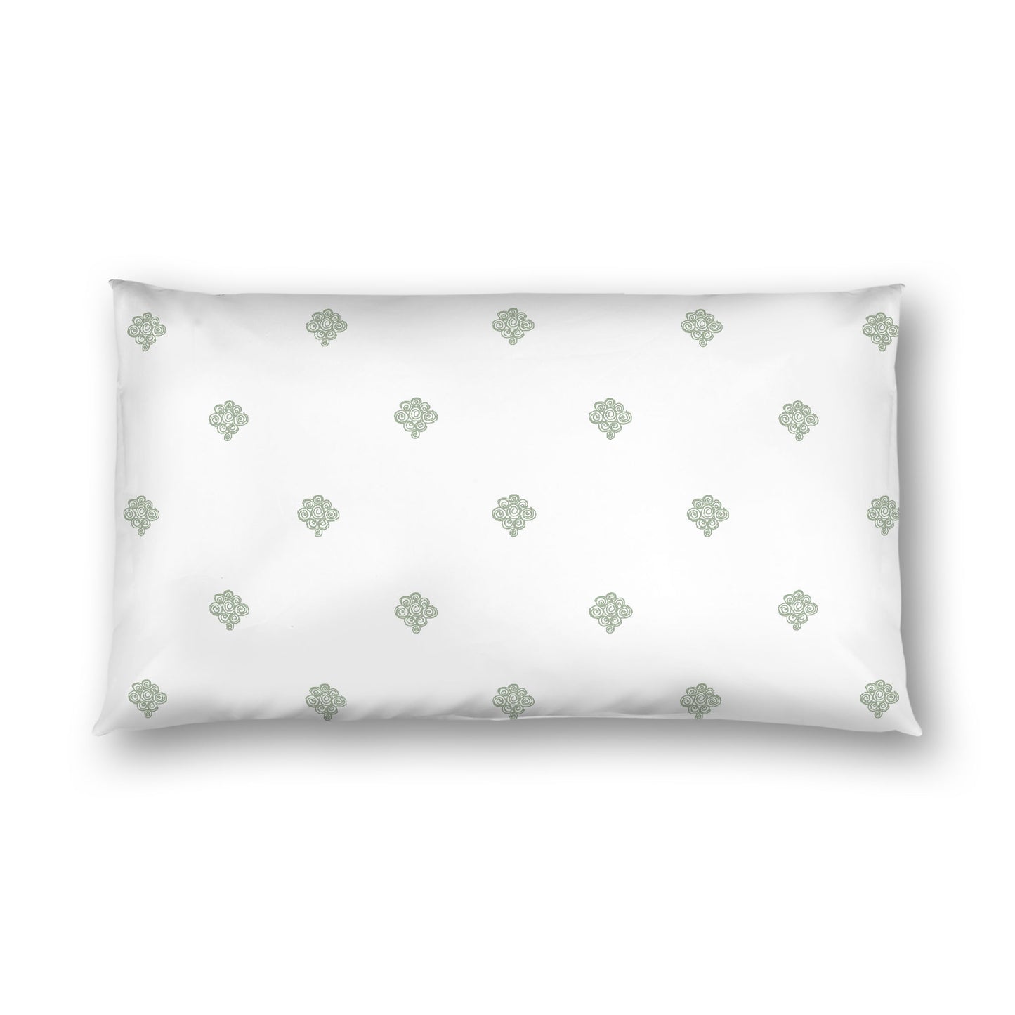 Off-white Cotton Sateen Pillow Sham, Green Hand-painted Swizzle Motif Print, White Reverse Side, King - 20 x 36 inches