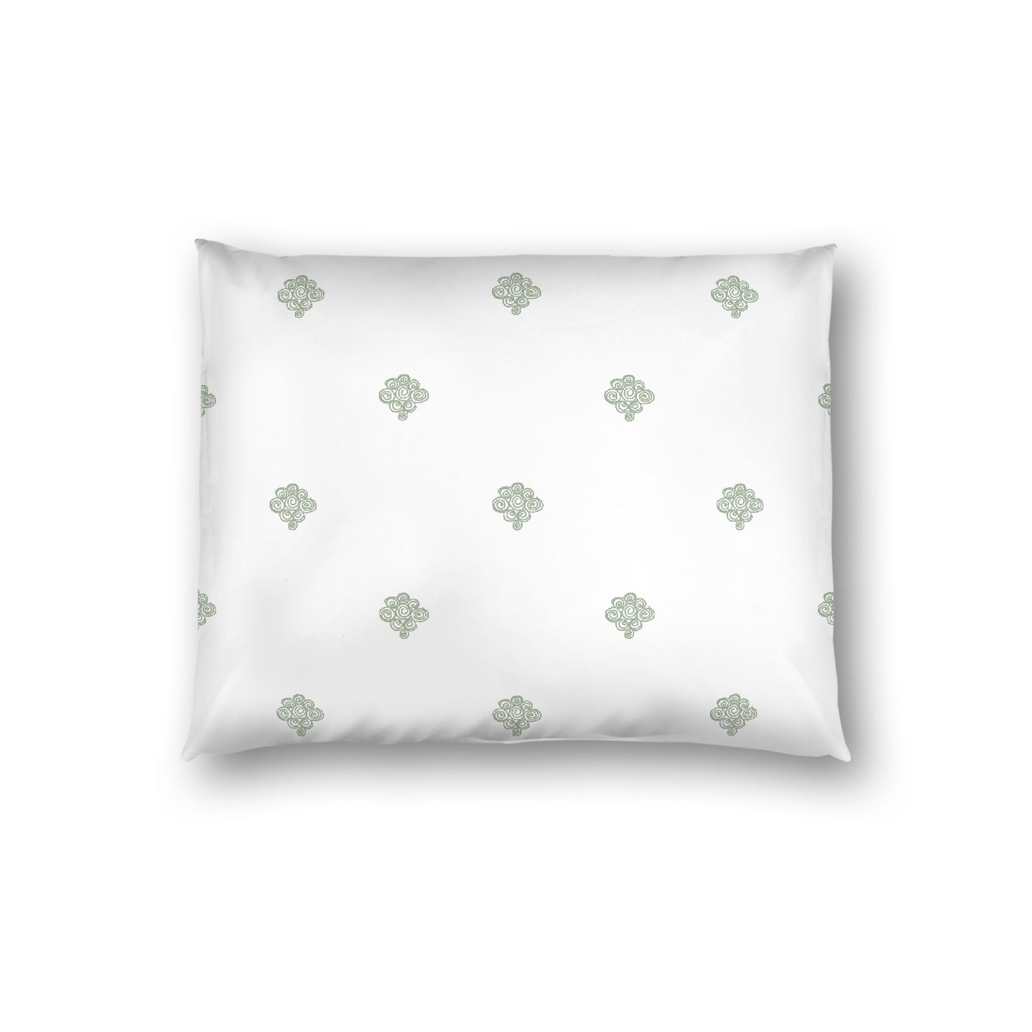 Off-white Cotton Sateen Pillow Sham, Green Hand-painted Swizzle Motif Print, White Reverse Side, Standard - 20 x 26 inches