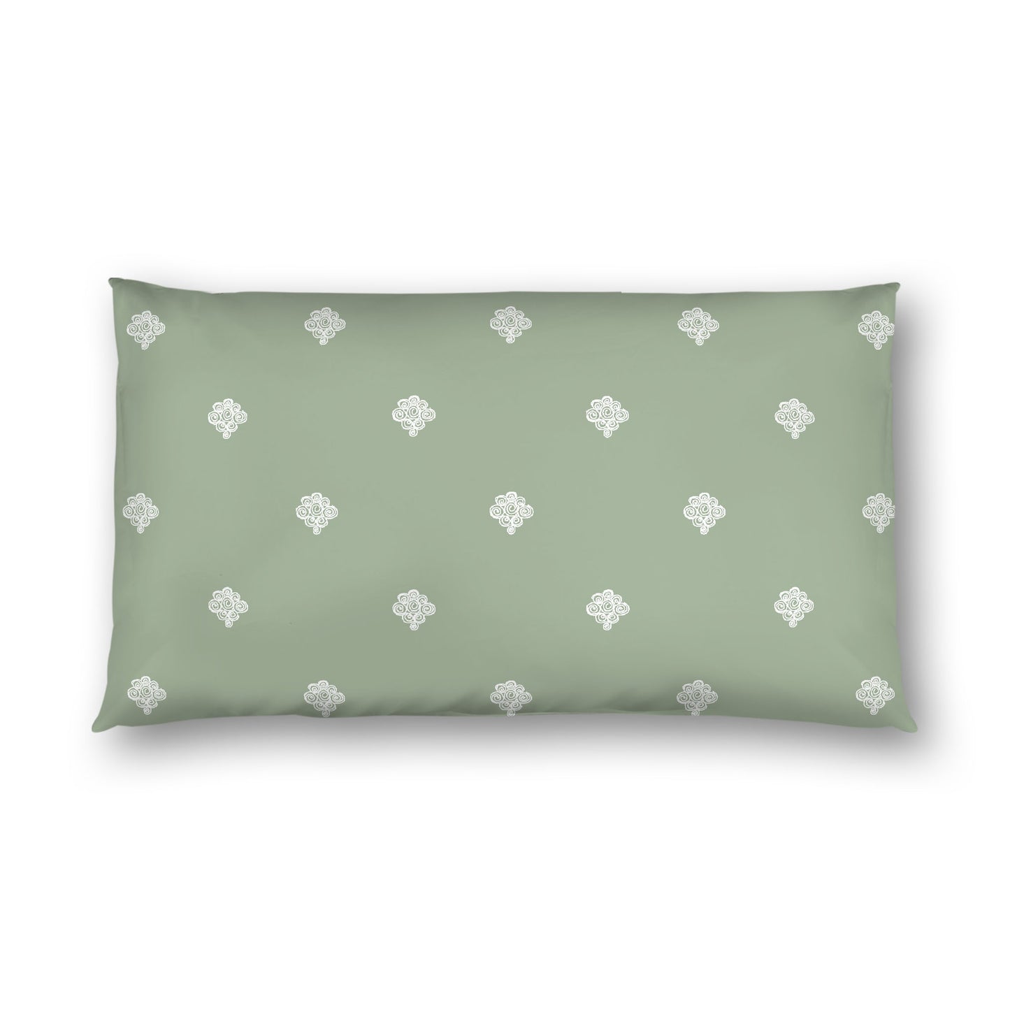 Green Cotton Sateen Pillow Sham, Off-white Hand-painted Swizzle Motif Print, White Reverse Side, King - 20 x 36 inches