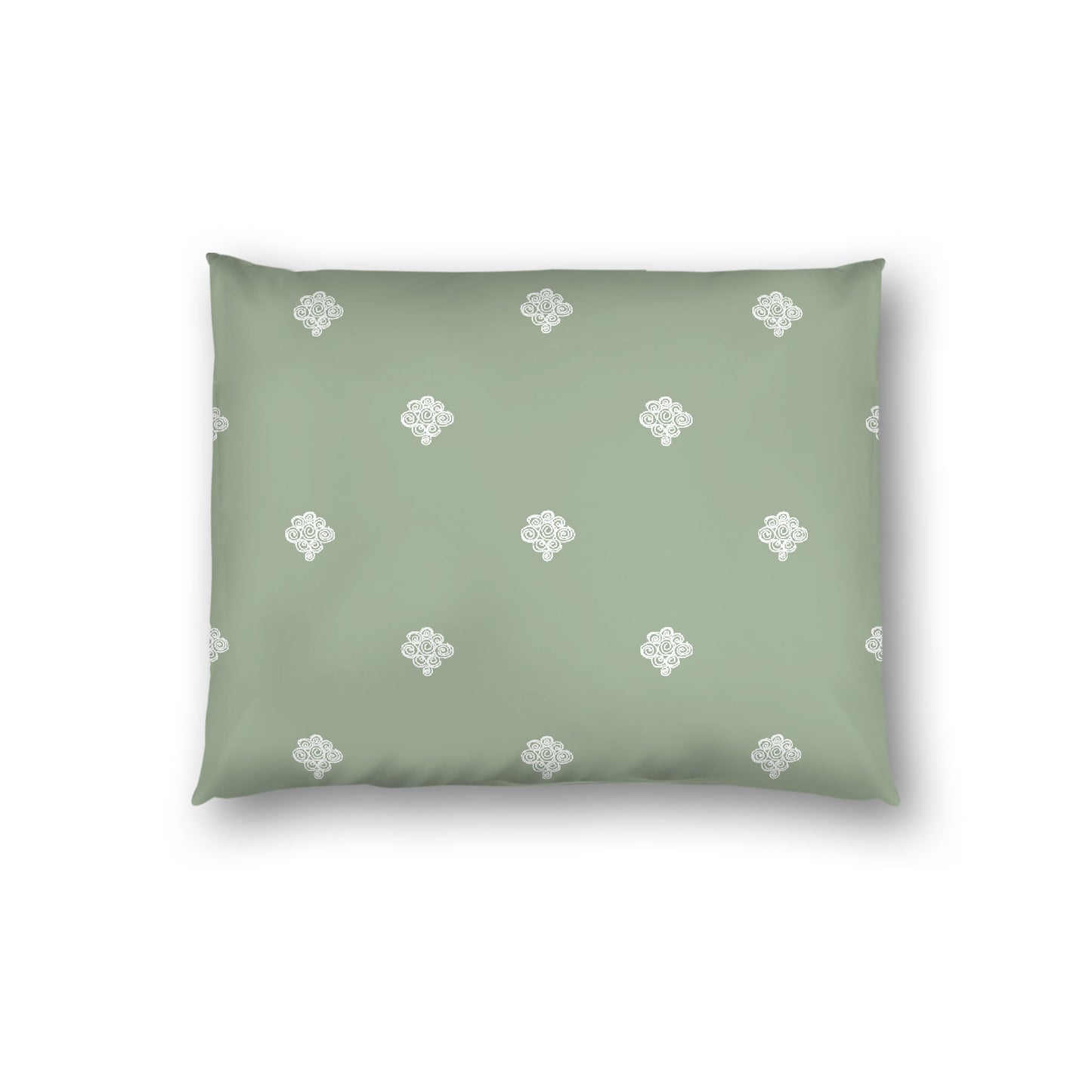 Green Cotton Sateen Pillow Sham, Off-white Hand-painted Swizzle Motif Print, White Reverse Side, Standard - 20 x 26 inches