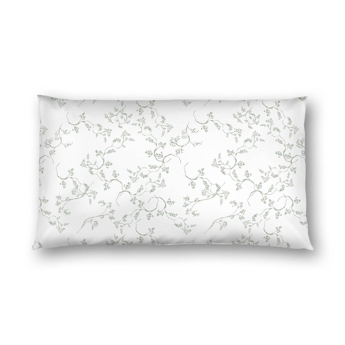 Off-white Cotton Sateen Pillow Sham, Green Hand-painted Vine Print, White Reverse Side, King - 20 x 36 inches