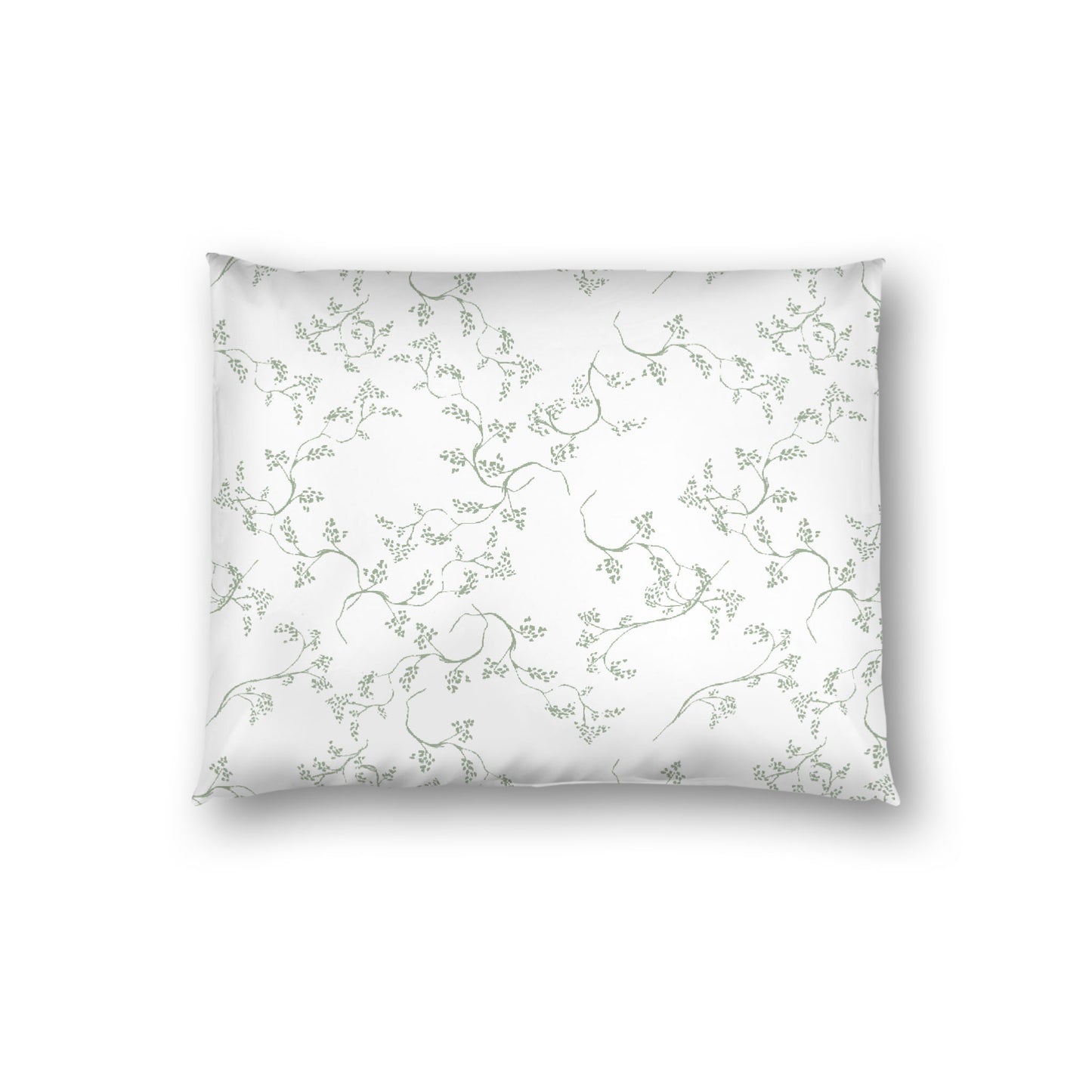 Off-white Cotton Sateen Pillow Sham, Green Hand-painted Vine Print, White Reverse Side, Standard - 20 x 26 inches