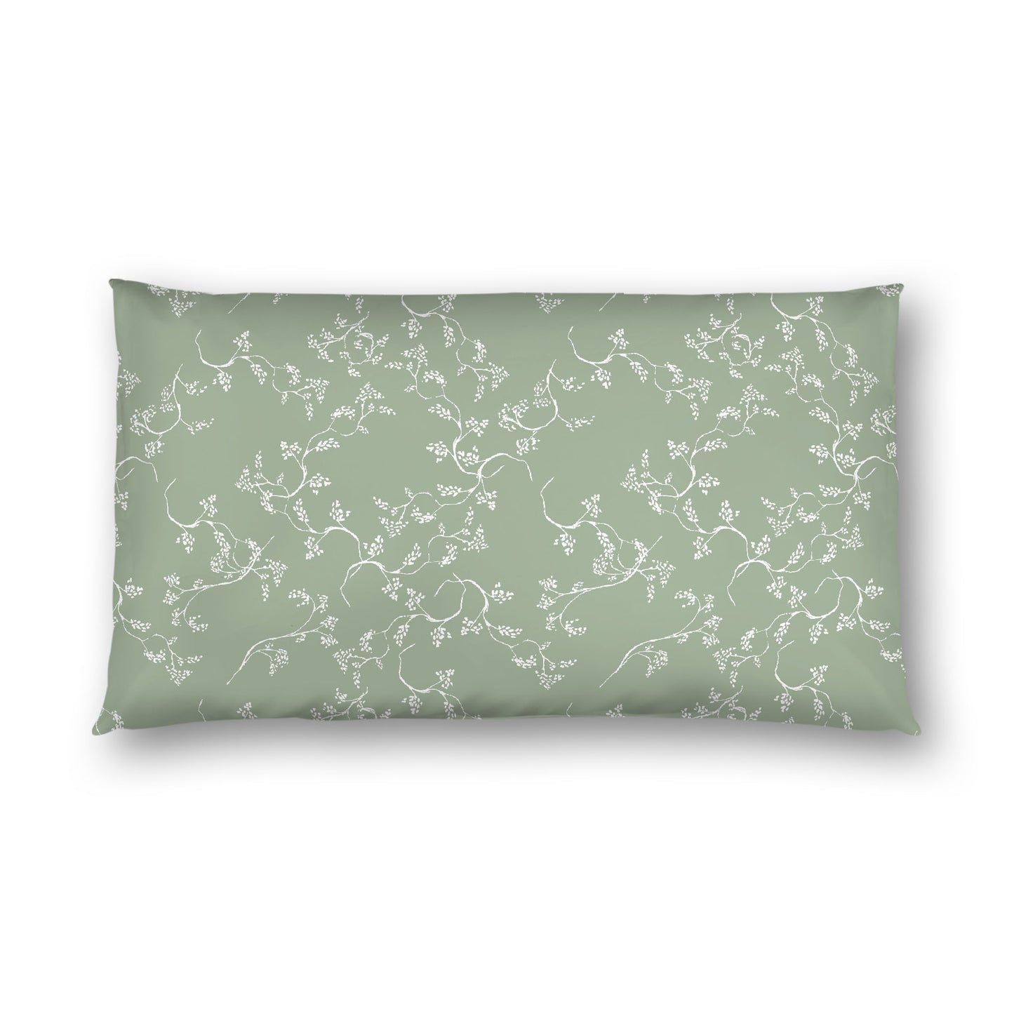 Green Cotton Sateen Pillow Sham, Off-white Vine Print on Front, White Reverse Side, King - 20 x 36 inches