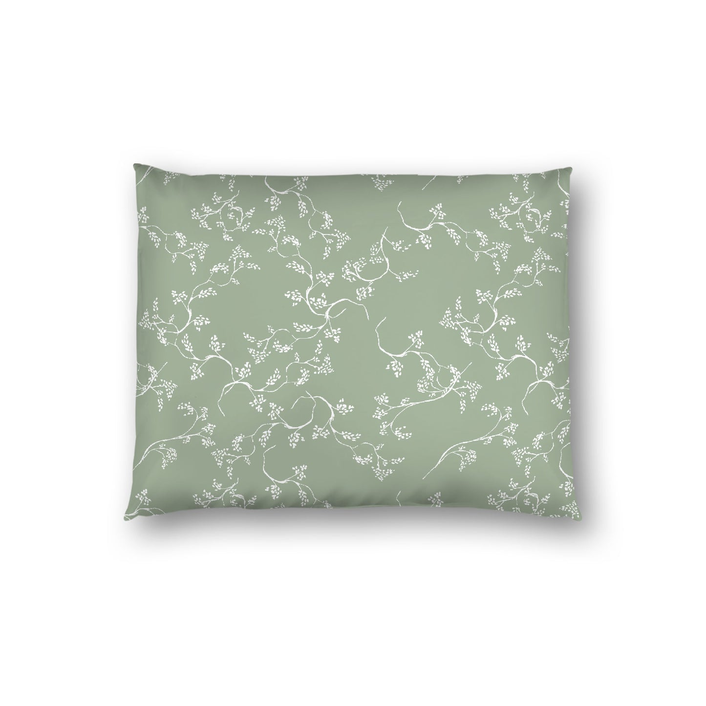 Green Cotton Sateen Pillow Sham, Off-white Vine Print on Front, White Reverse Side, Standard - 20 x 26 inches