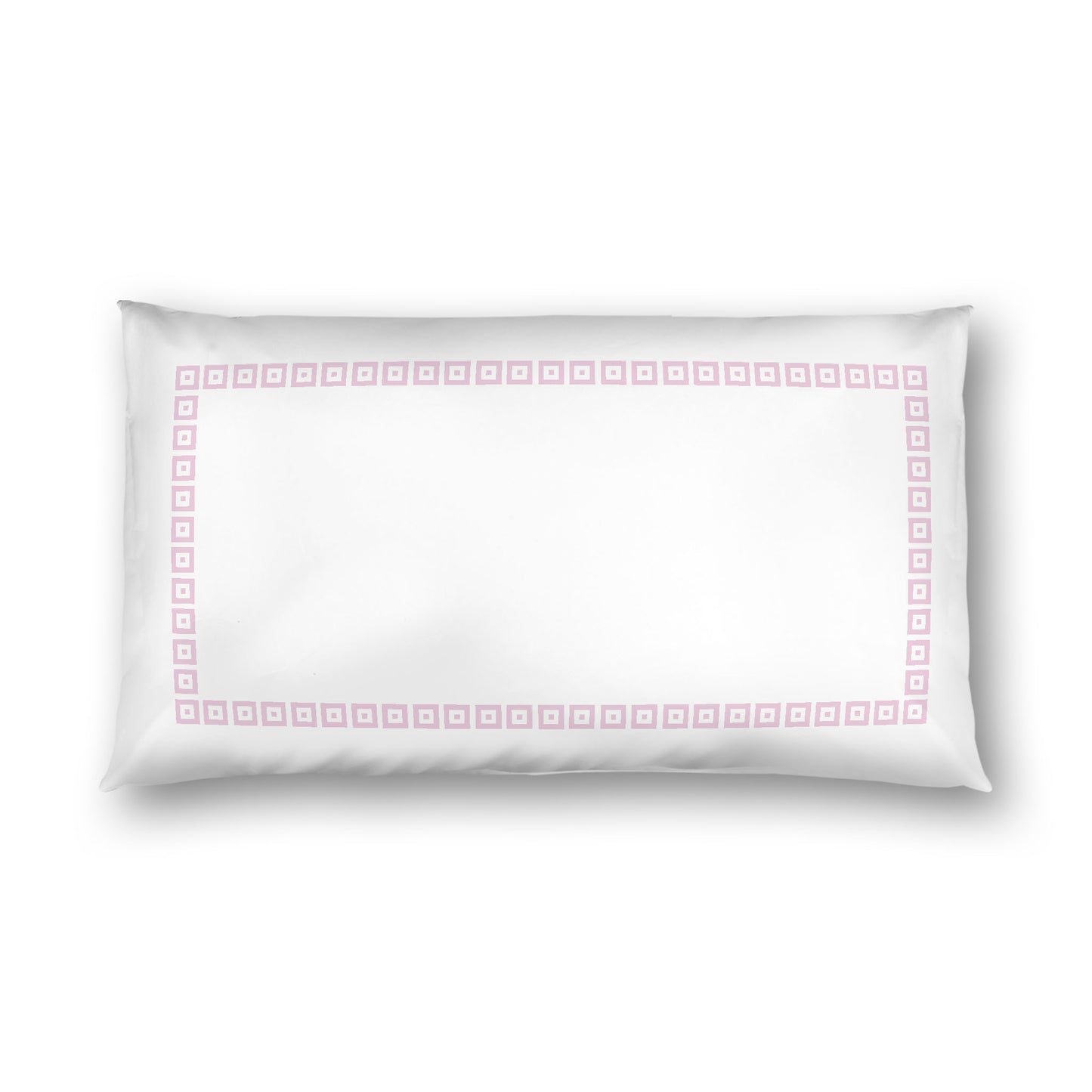 Off-white Cotton Sateen Pillow Sham, Pink Repeating Square Motif Print, Classic Border, White Reverse Side, King - 20 x 36 inches