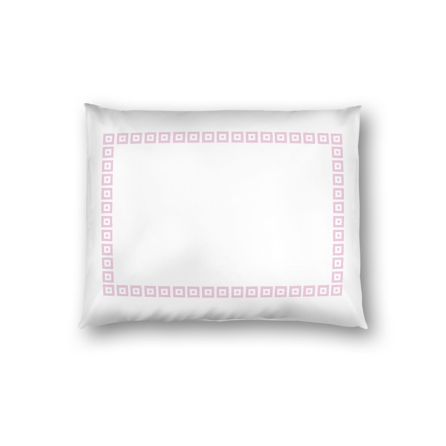 Off-white Cotton Sateen Pillow Sham, Pink Repeating Square Motif Print, Classic Border, White Reverse Side, Standard - 20 x 26 inches