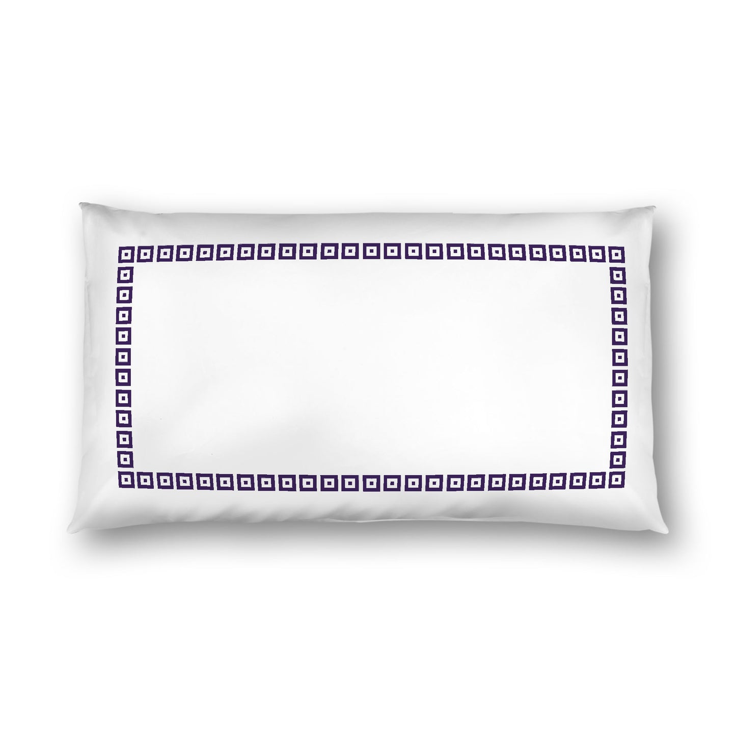 Off-white Cotton Sateen Pillow Sham, Purple Repeating Square Motif Print, Classic Border, White Reverse Side, King - 20 x 36 inches