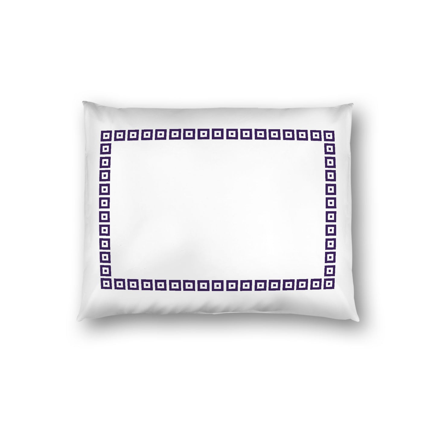 Off-white Cotton Sateen Pillow Sham, Purple Repeating Square Motif Print, Classic Border, White Reverse Side, Standard - 20 x 26 inches